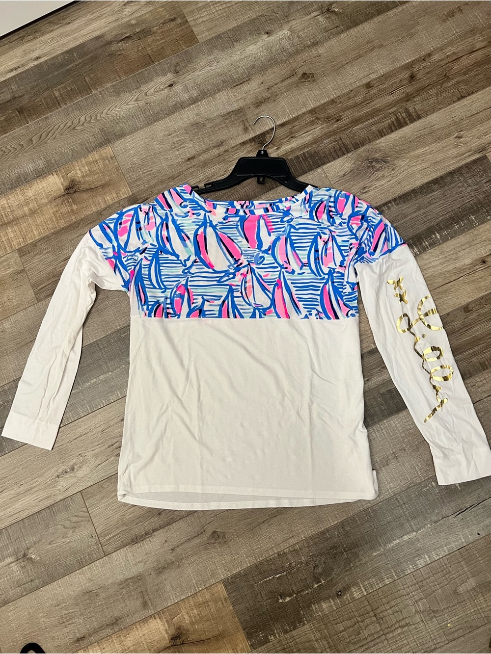 Lilly Pulitzer blue/white/pink Finn sailing Printed Yoke Long Sleeve Top M EUC